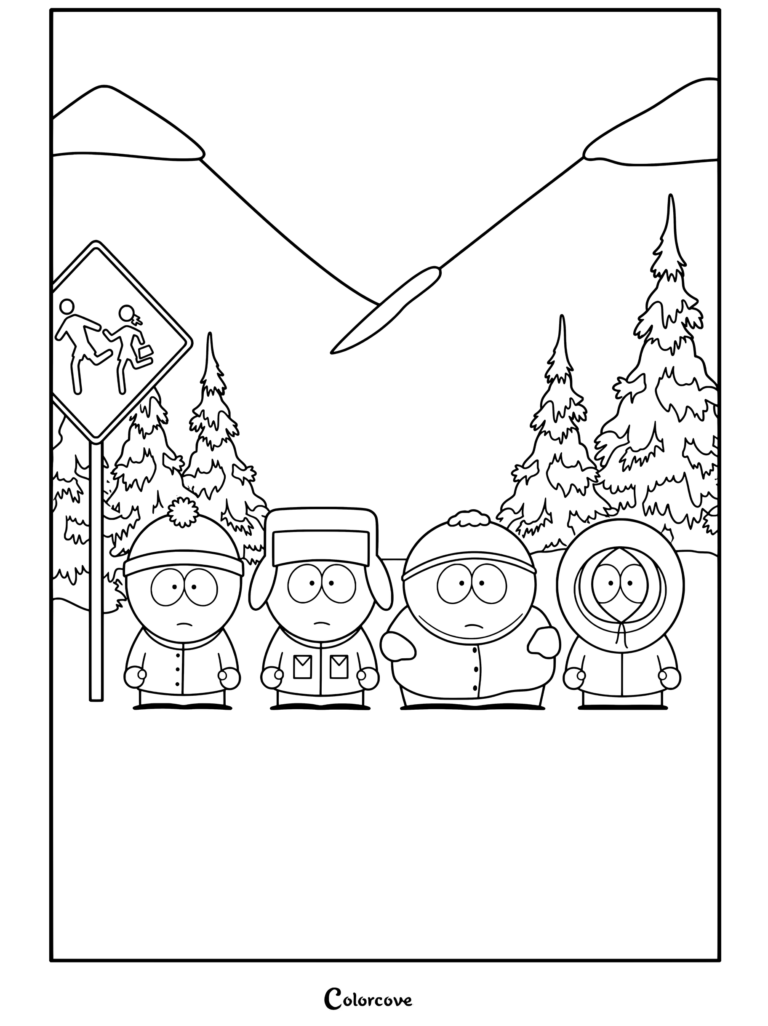 Coloriage South Park mettant en scène Stan Marsh, Kyle Broflovski, Eric Cartman et Kenny McCormick debout dans la neige devant un paysage de montagne.