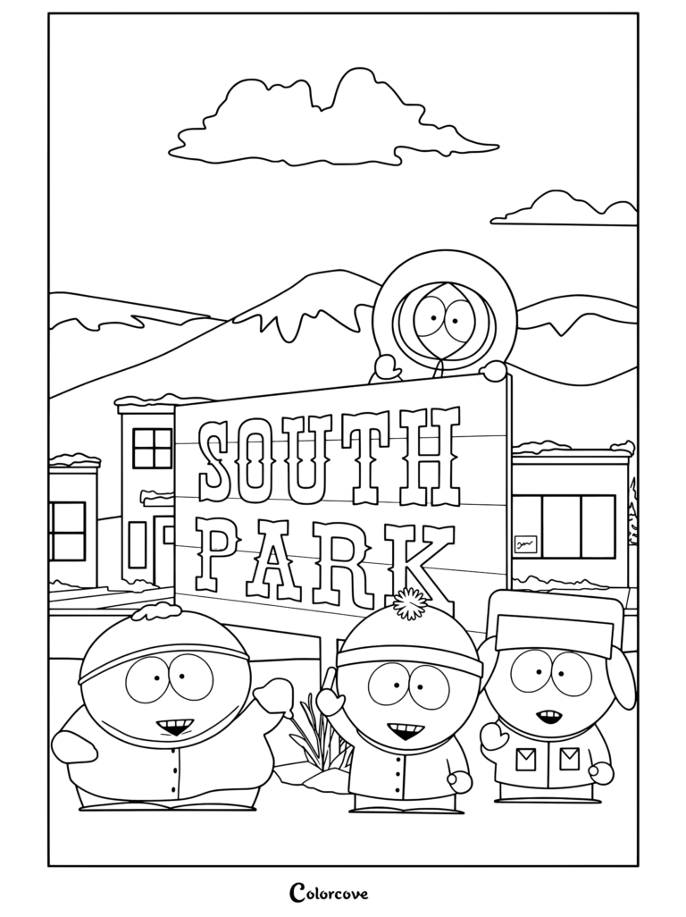 Coloriage South Park mettant en vedette les personnages principaux Eric Cartman, Stan Marsh, Kyle Broflovski et Kenny McCormick debout devant le panneau de la ville de South Park.