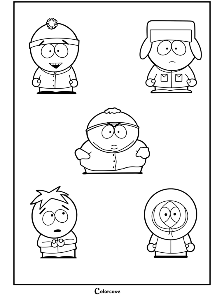 Coloriage South Park mettant en vedette les personnages principaux Stan Marsh, Kyle Broflovski, Eric Cartman, Butters Stotch et Kenny McCormick debout ensemble.