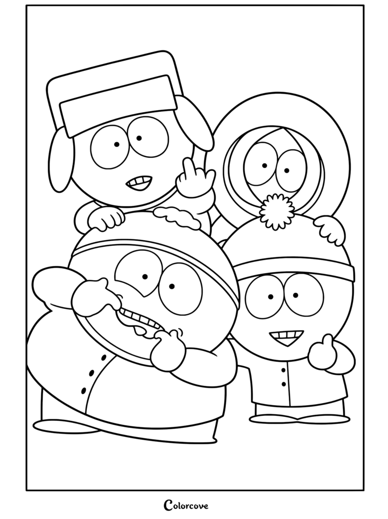 Coloriage South Park mettant en scène Kyle, Stan, Cartman et Kenny dans un portrait de groupe.