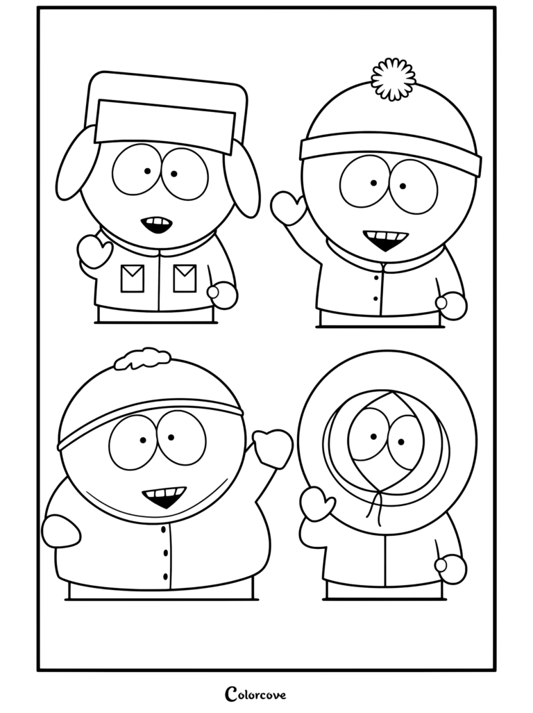 Coloriage South Park représentant Kyle, Stan, Cartman et Kenny souriant et faisant coucou dans une grille à quatre panneaux.