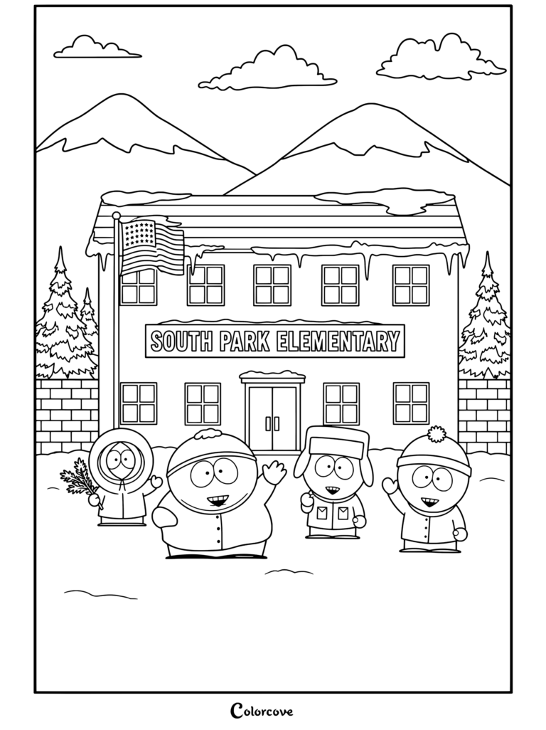 Coloriage South Park mettant en scène les quatre personnages principaux Stan, Kyle, Cartman et Kenny debout devant l'école élémentaire de South Park dans la neige.
