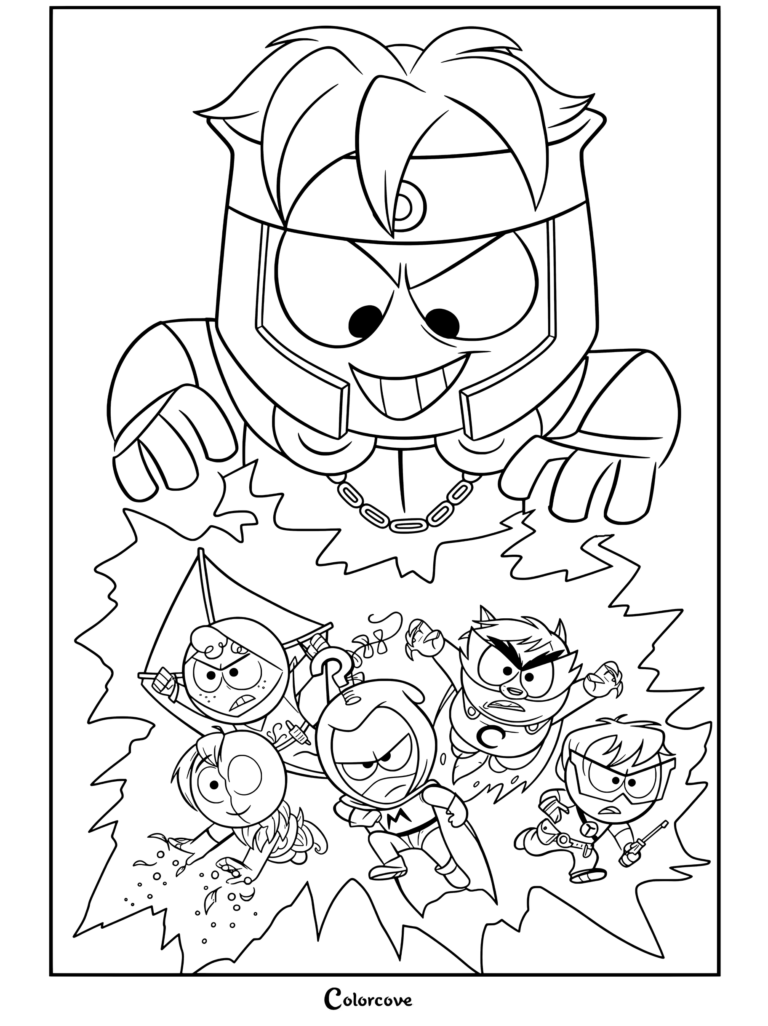 Coloriage représentant Mint-Berry Crunch et les héros de Le Coon et sa bande affrontant Le Professeur Chaos de South Park : L'Annale du Destin.