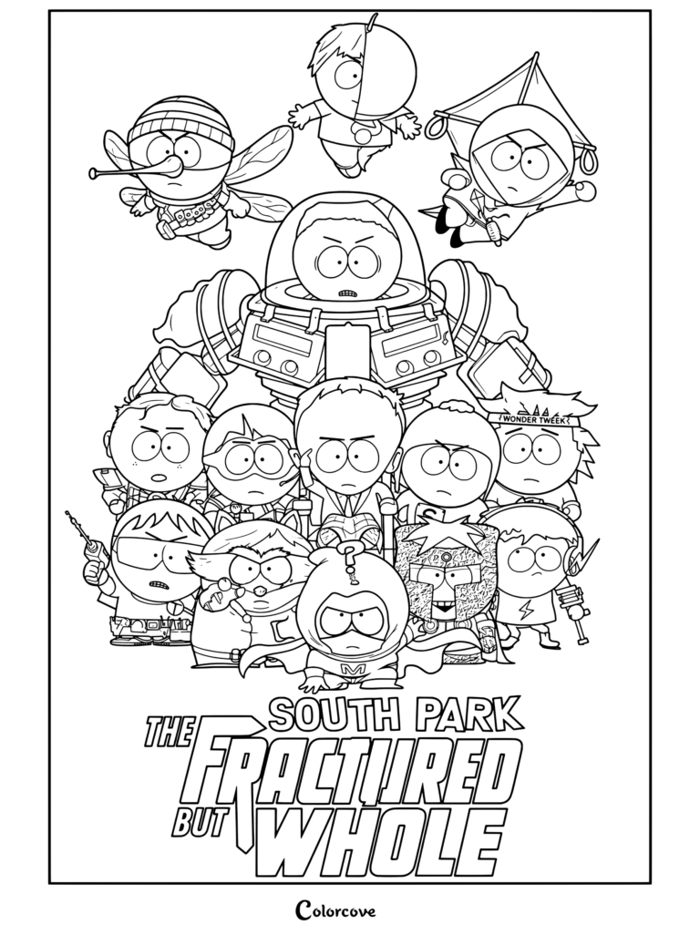 Coloriage South Park représentant l'équipe de super-héros de L'Annale du Destin avec Cartman dans le rôle de Le Coon, Mysterion et leurs amis.