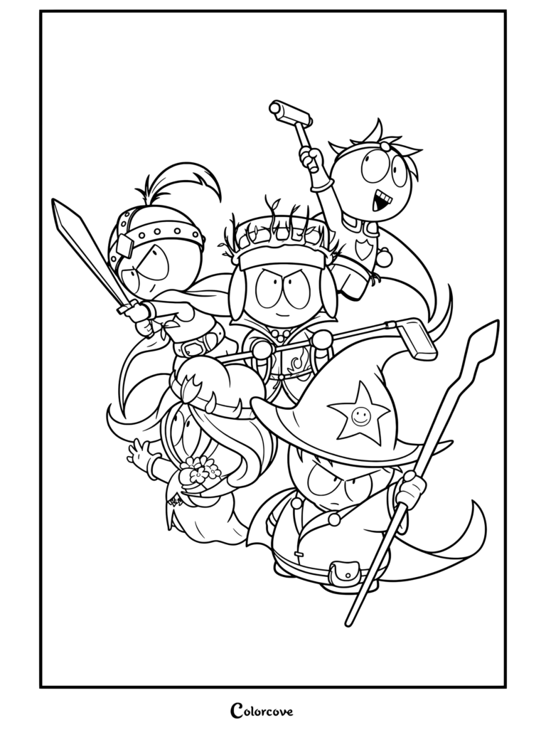 Coloriage à imprimer des personnages de South Park : Le Bâton de la Vérité avec Cartman en Grand Mage, Kenny en Princesse, Kyle en Roi Elfe Juif, Stan en Guerrier et Butters.