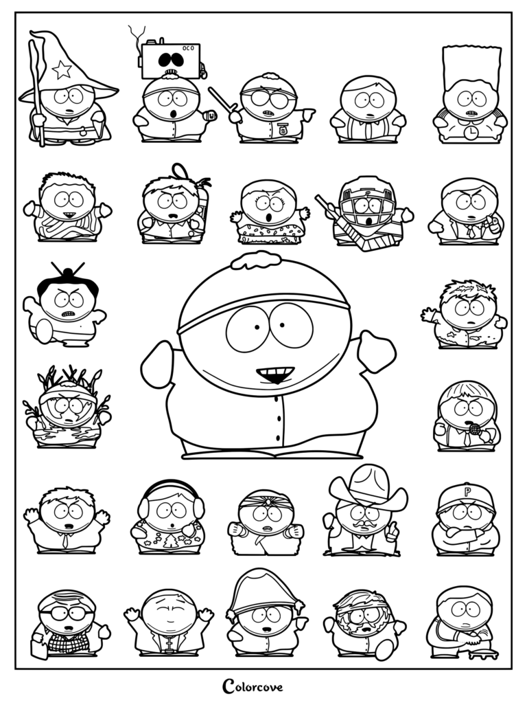 Coloriage d'Eric Cartman dans différentes tenues de South Park mettant en vedette plusieurs versions du personnage.