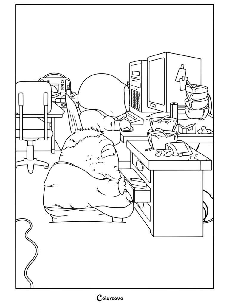 Coloriage South Park mettant en scène Cartman et Kenny jouant à des jeux vidéo dans une chambre en désordre inspiré de l'épisode de World of Warcraft