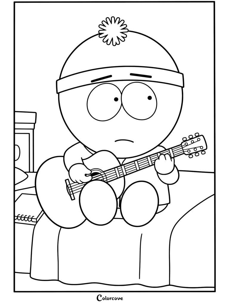 Stan Marsh assis sur son lit jouant tristement de la guitare acoustique dans sa chambre, coloriage de South Park