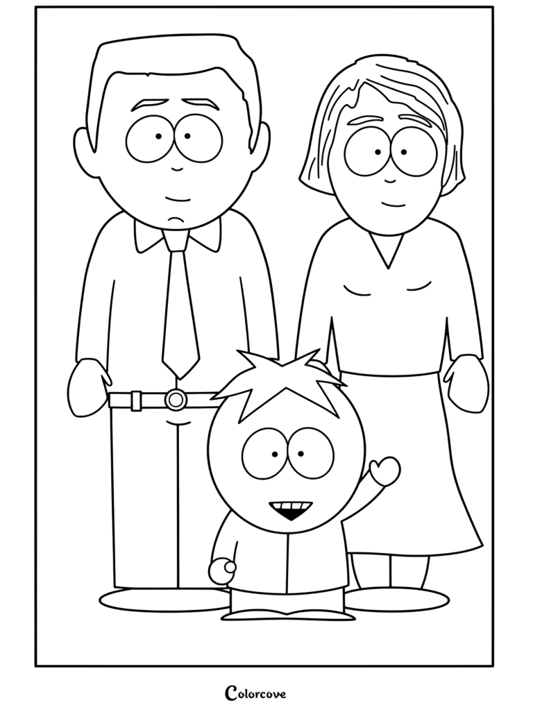 Coloriage South Park montrant Stephen et Linda Stotch fiers derrière leur fils Butters Stotch qui sourit et fait coucou