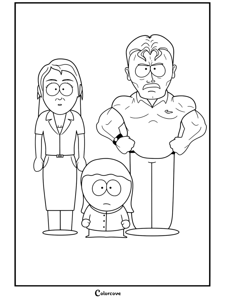 Stephen Stotch, Linda Stotch et Butters Stotch posant ensemble en tant que famille sur un coloriage South Park