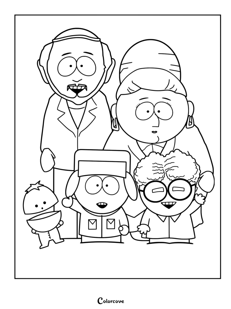 Coloriage du portrait de famille des Broflovski comprenant Gerald, Sheila, Kyle, Ike et le cousin Kyle de South Park.