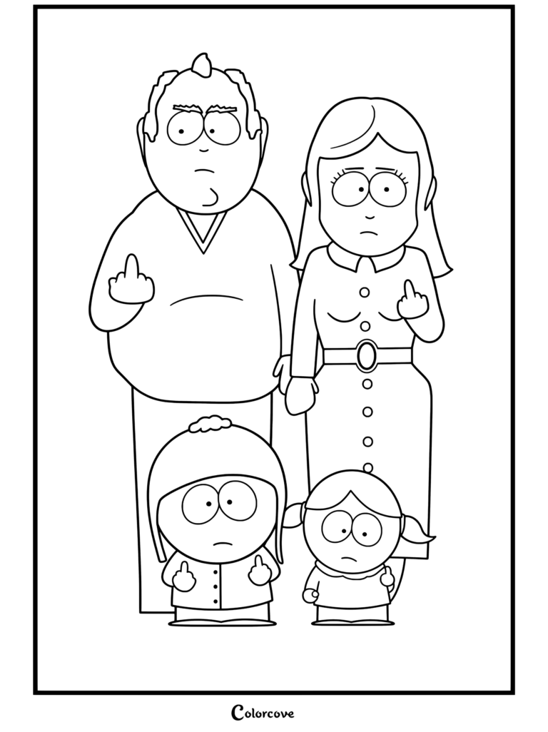 Coloriage de la famille Tucker de South Park représentant Thomas, Laura, Craig et Tricia posant ensemble tout en faisant des doigts d'honneur.