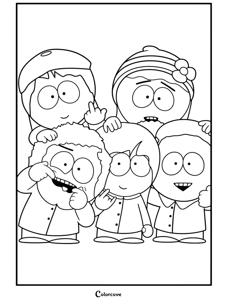 Coloriage gratuit de South Park représentant un selfie de groupe entre Wendy Testaburger, Bebe Stevens, Heidi Turner, Red McArthur et Nicole Daniels.