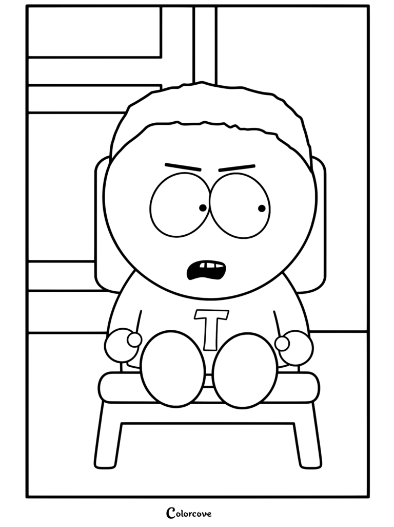 Token Black portant une chemise violette avec un T jaune assis et l'air surpris dans une salle de classe, coloriage de South Park