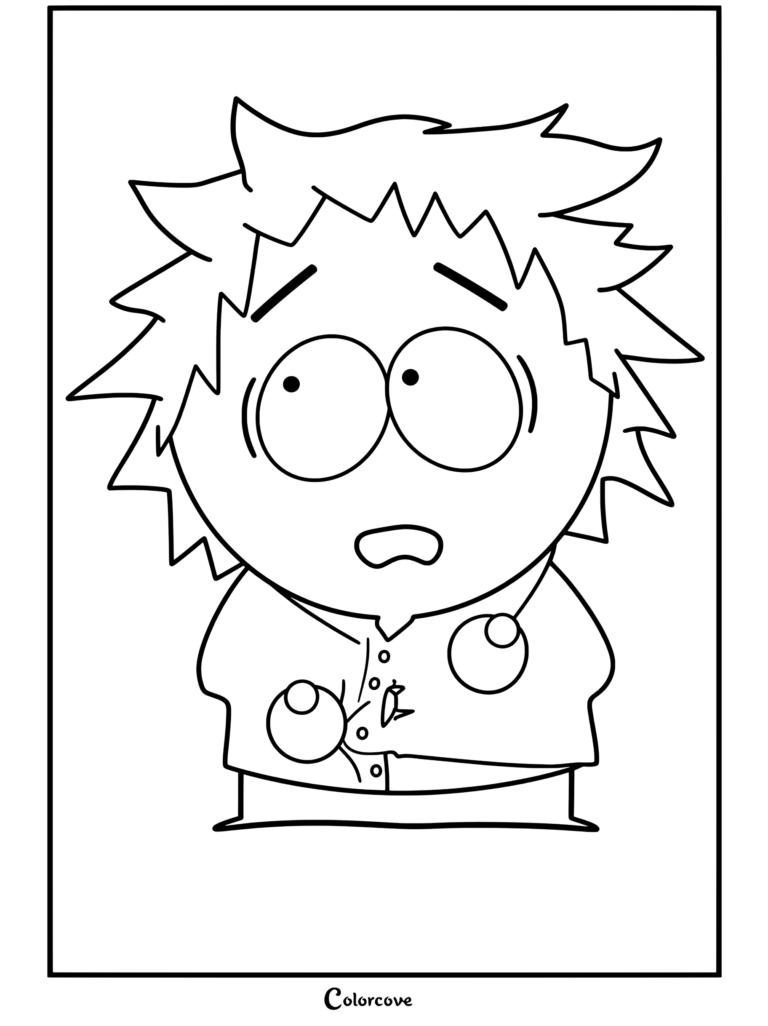 Tweek Tweak de South Park ayant l'air anxieux et effrayé avec des cheveux blonds décoiffés et une chemise déboutonnée sur ce coloriage