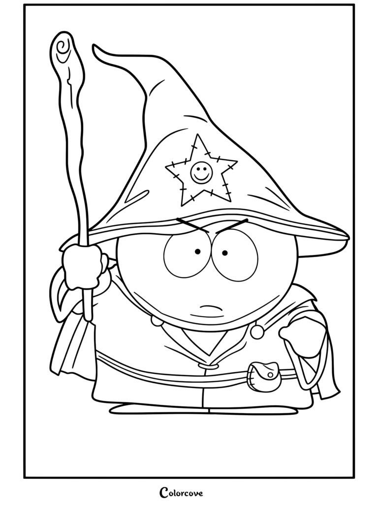 Coloriage South Park représentant Eric Cartman habillé en Roi Grand Mage tenant un bâton en bois, portant un chapeau de sorcier bleu avec une étoile jaune et une robe violette.