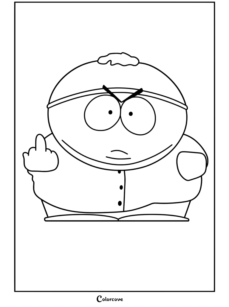Eric Cartman de South Park portant une veste rouge et un bonnet bleu et jaune, faisant un doigt d'honneur avec une expression en colère sur ce coloriage.