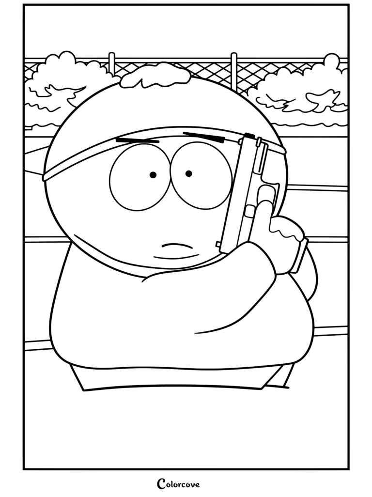 Eric Cartman tenant une arme de poing noire contre sa propre tête avec une expression vide dans un coloriage de South Park