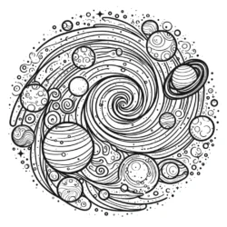 a black and white drawing of planets and swirls