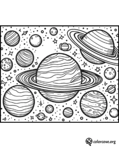 a black and white drawing of planets and stars