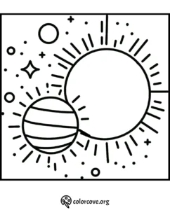 a black and white drawing of planets and a river