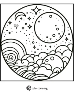 a black and white drawing of planets and stars