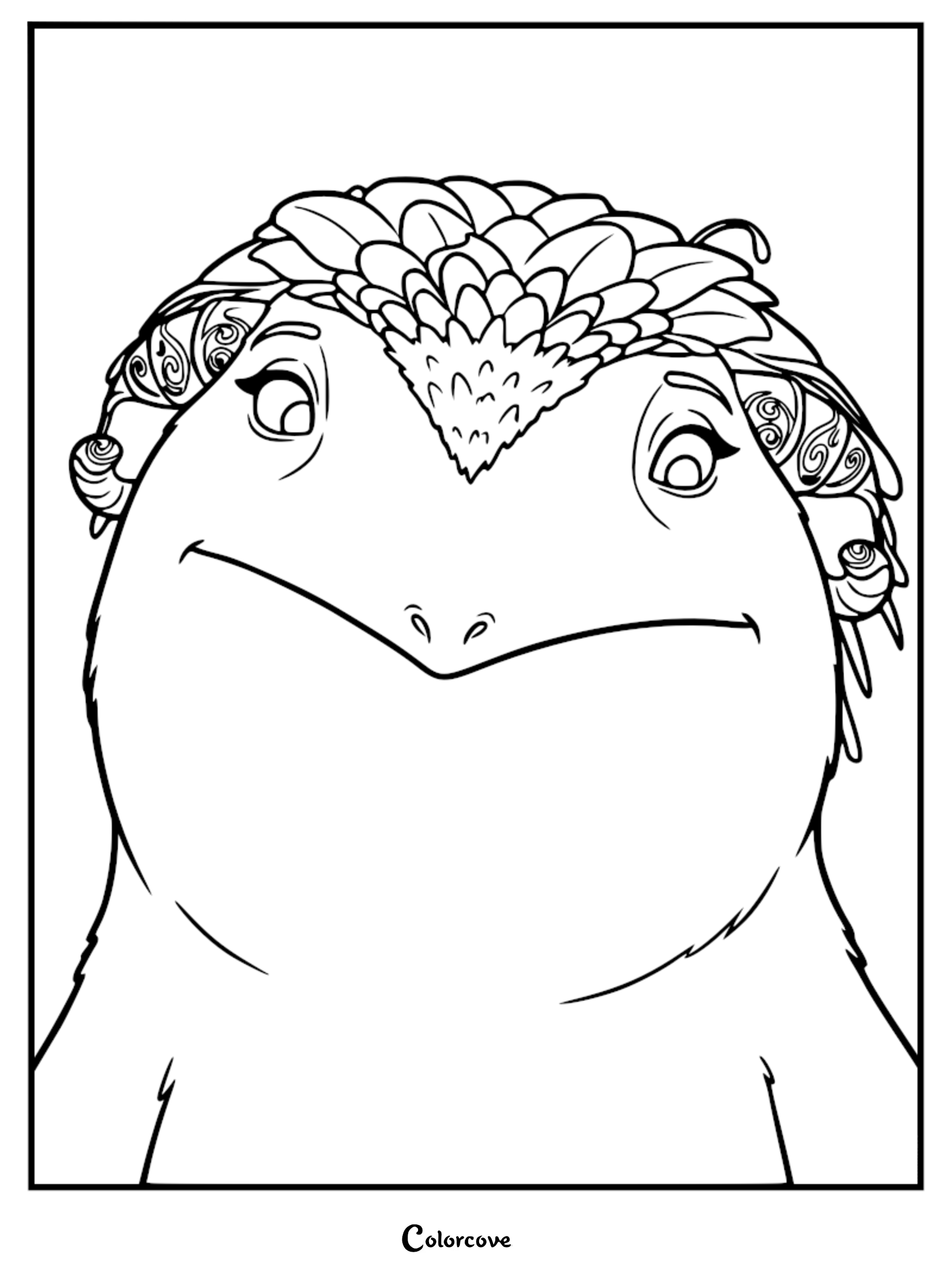 A detailed line art coloring page featuring the close-up face of Queen Ellsmere in her monster form from Spellbound, showcasing her unique textured head crest and expressive eyes.