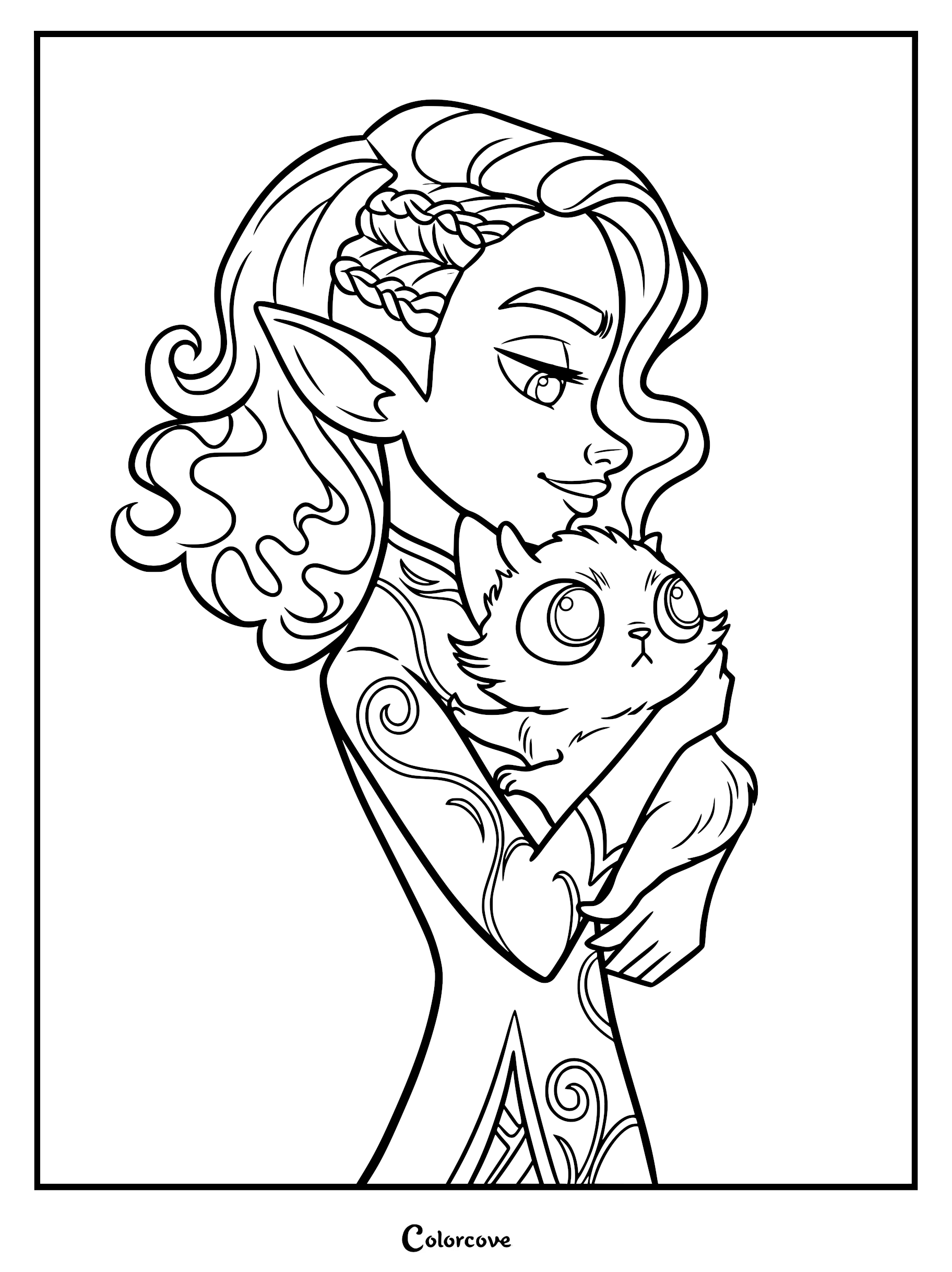 Princess Ellian from Spellbound holding Flink in a detailed line art coloring page.