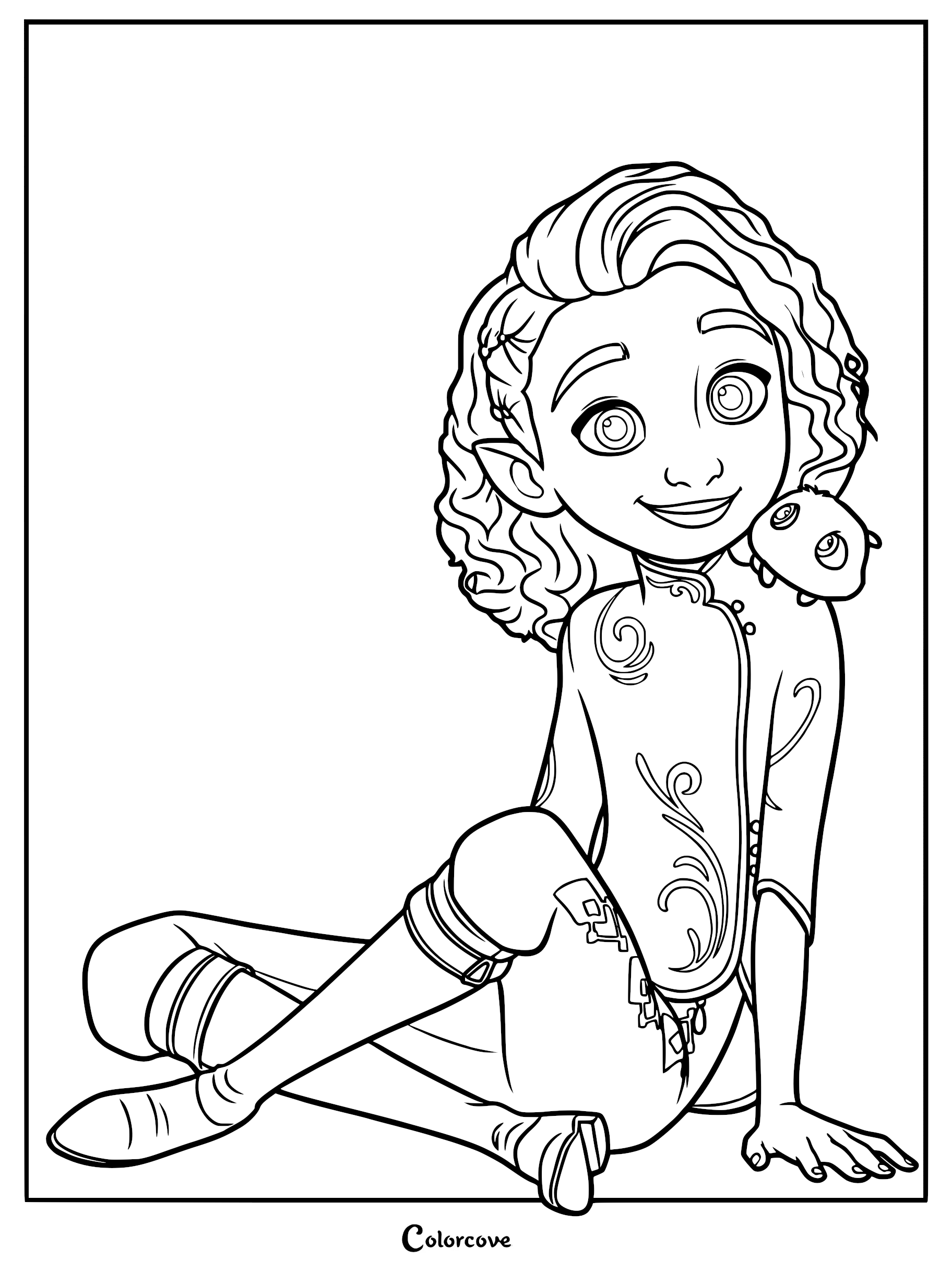 Princess Ellian sitting on the floor with Flink perched on her shoulder in this detailed Spellbound line art coloring page.
