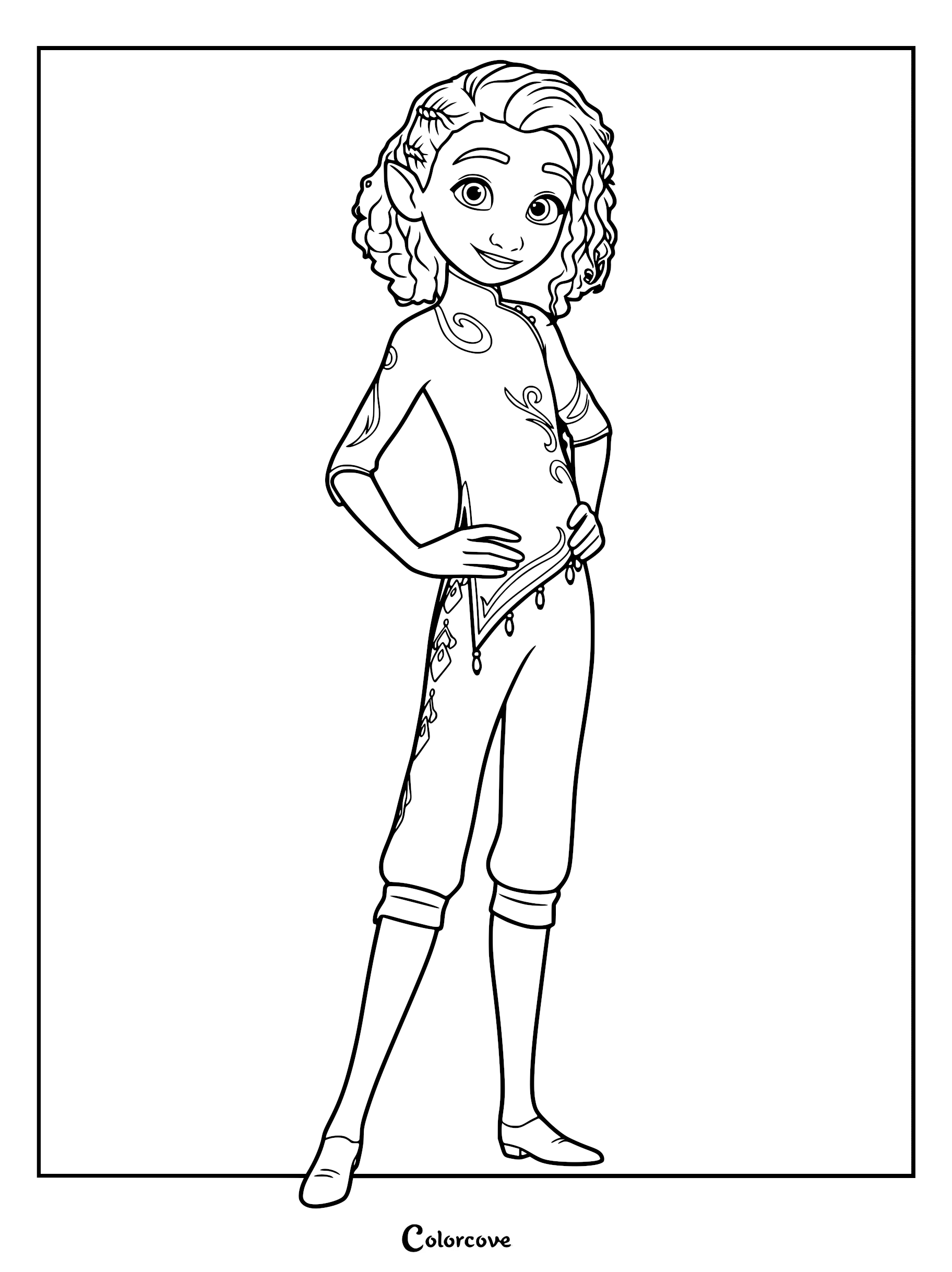 Princess Ellian from Netflix's Spellbound standing with hands on her hips in this printable coloring page featuring her signature curly hair and Lumbria royal outfit.