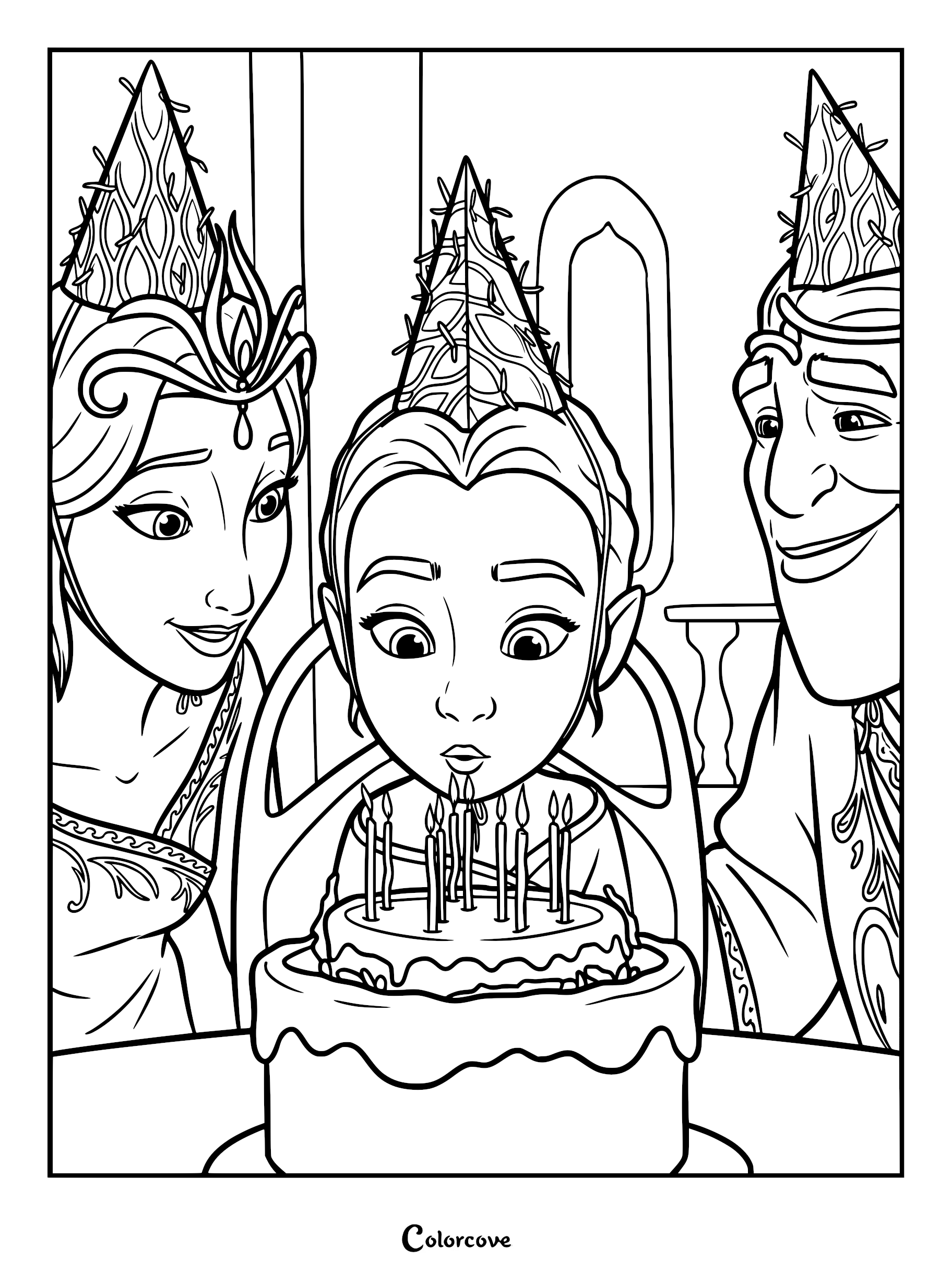 Princess Ellian blowing out birthday candles on a cake while Queen Ellsmere and King Solon watch in this Spellbound coloring page.