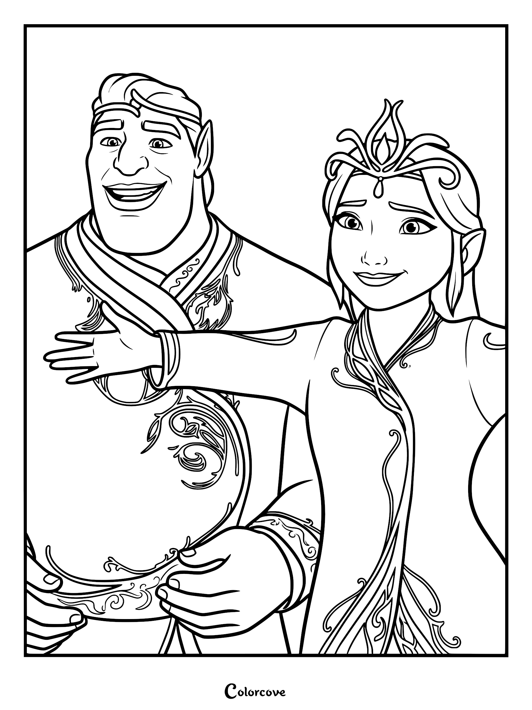 A printable coloring page featuring Queen Ellsmere and King Solon from Spellbound, showing the royal couple standing together in their ornate Lumbria attire.