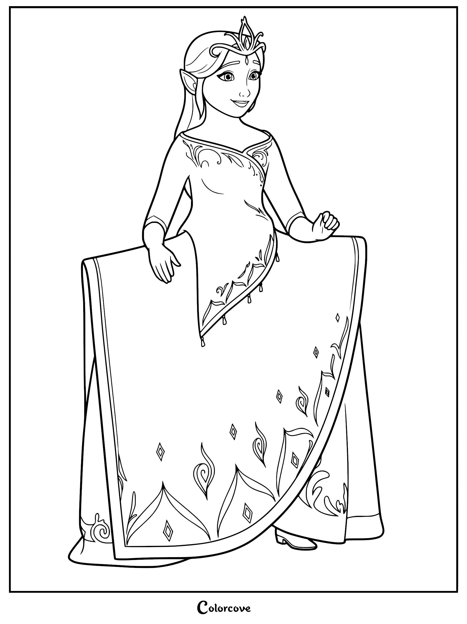 Queen Ellsmere from Spellbound wearing a regal gown and crown in this printable coloring page.
