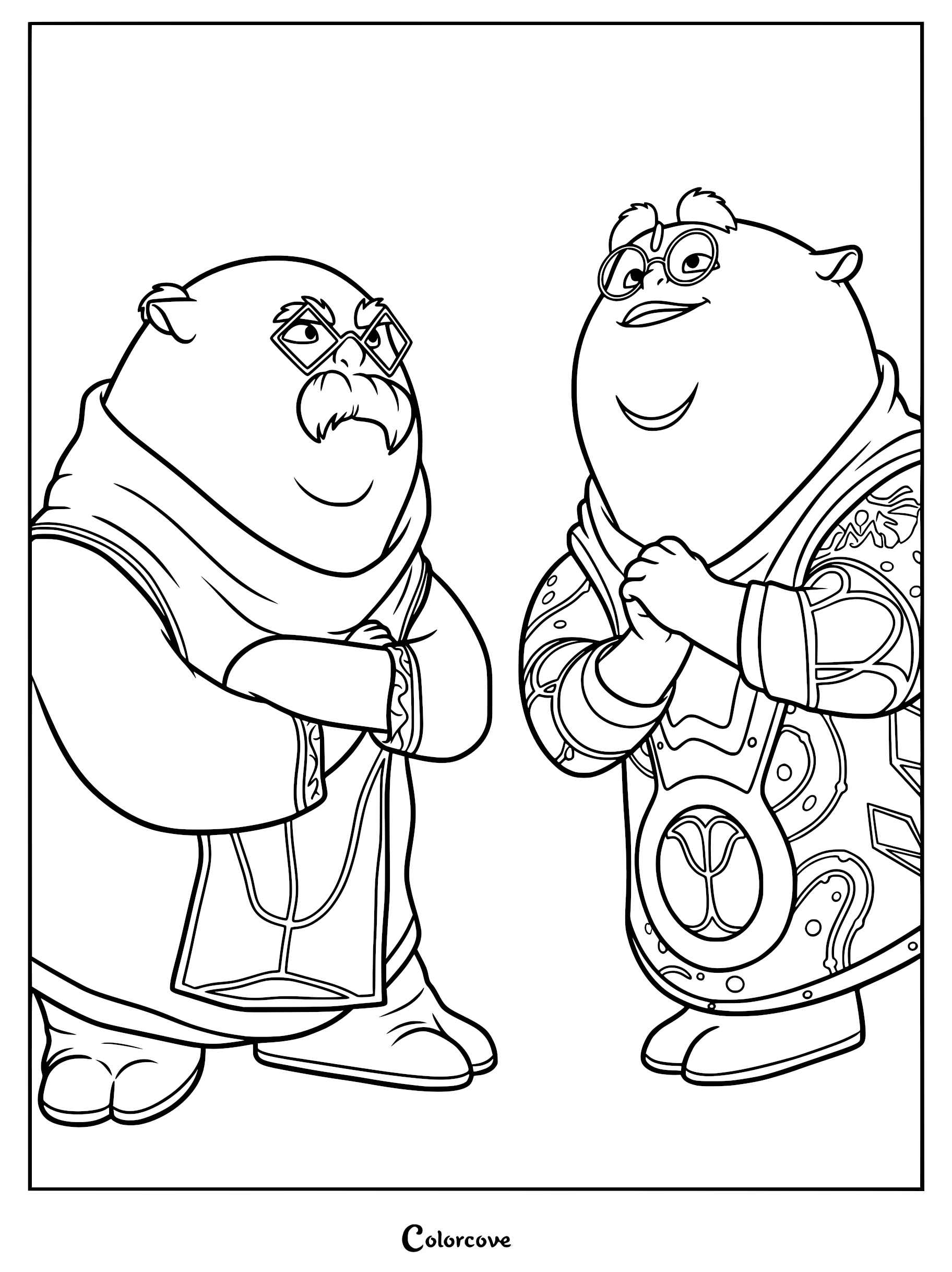 A printable coloring page featuring Sunny and Luno from the Netflix film Spellbound, standing side by side in their ornate Lumbria robes.