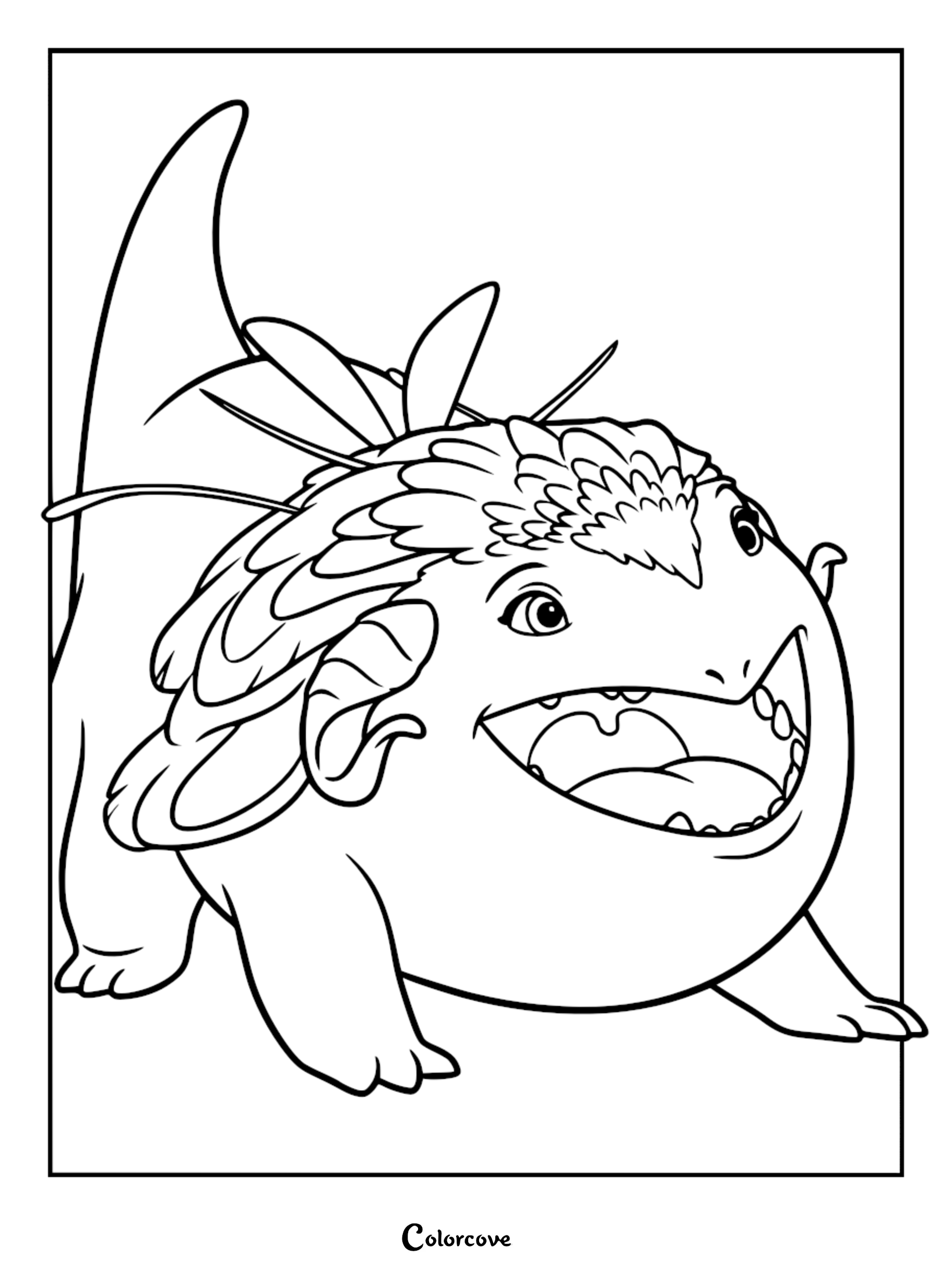 A printable coloring page featuring Queen Ellsmere in her monstrous form from the Netflix film Spellbound, showing her large, rounded body, feathered back, and wide, happy expression.