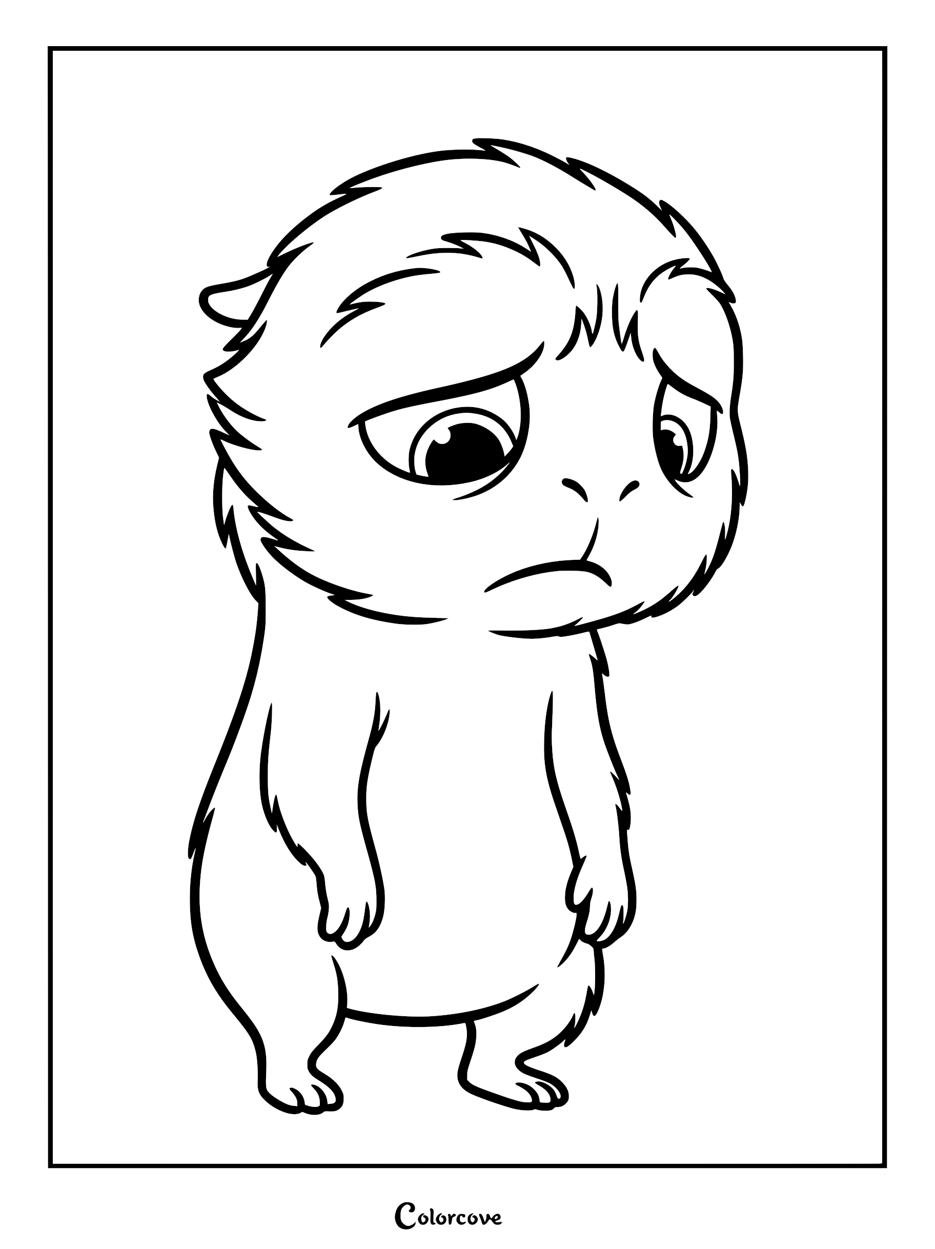 A printable coloring page featuring Flink, the small, furry creature from the Netflix film Spellbound, looking sad with large expressive eyes.