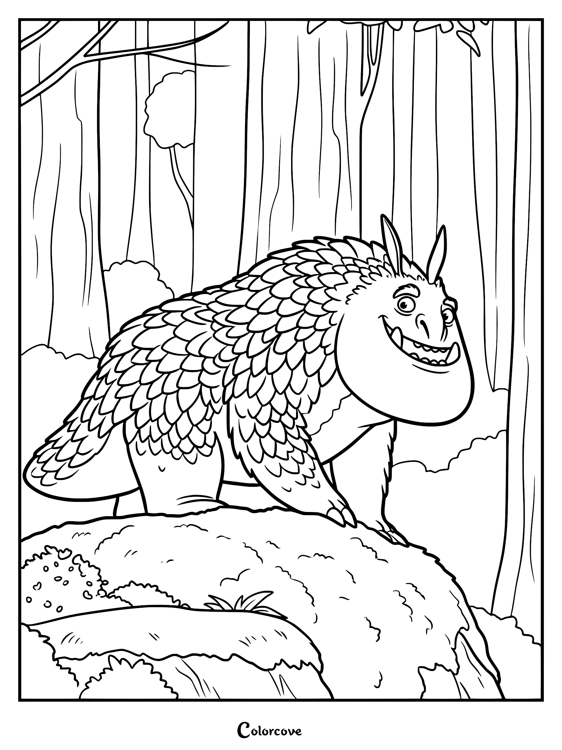 King Solon in his monster form standing on a mossy rock in a forest, featured in a printable coloring page.
