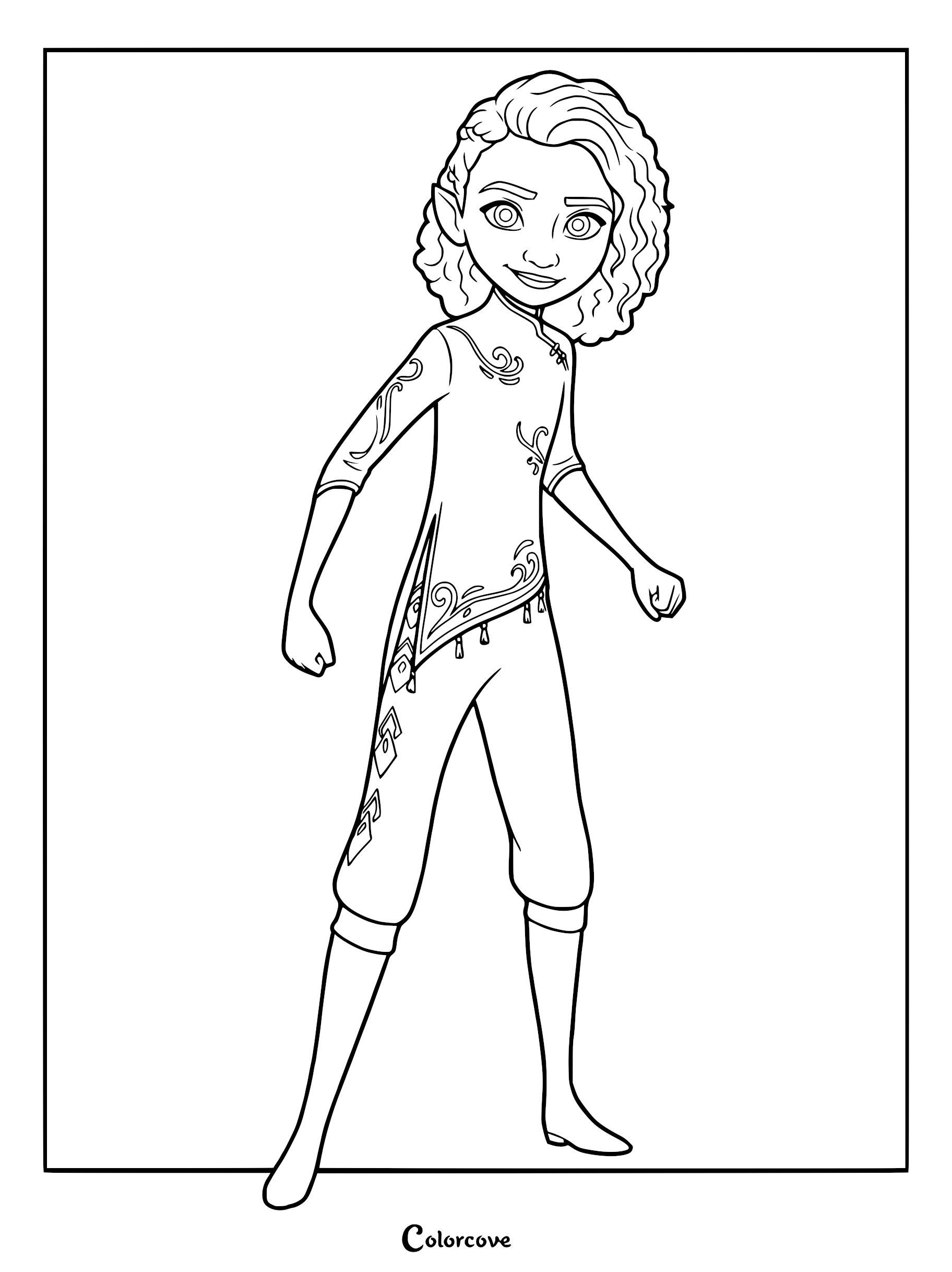 Princess Ellian from Spellbound standing in a confident pose, featured in a detailed line art coloring page.