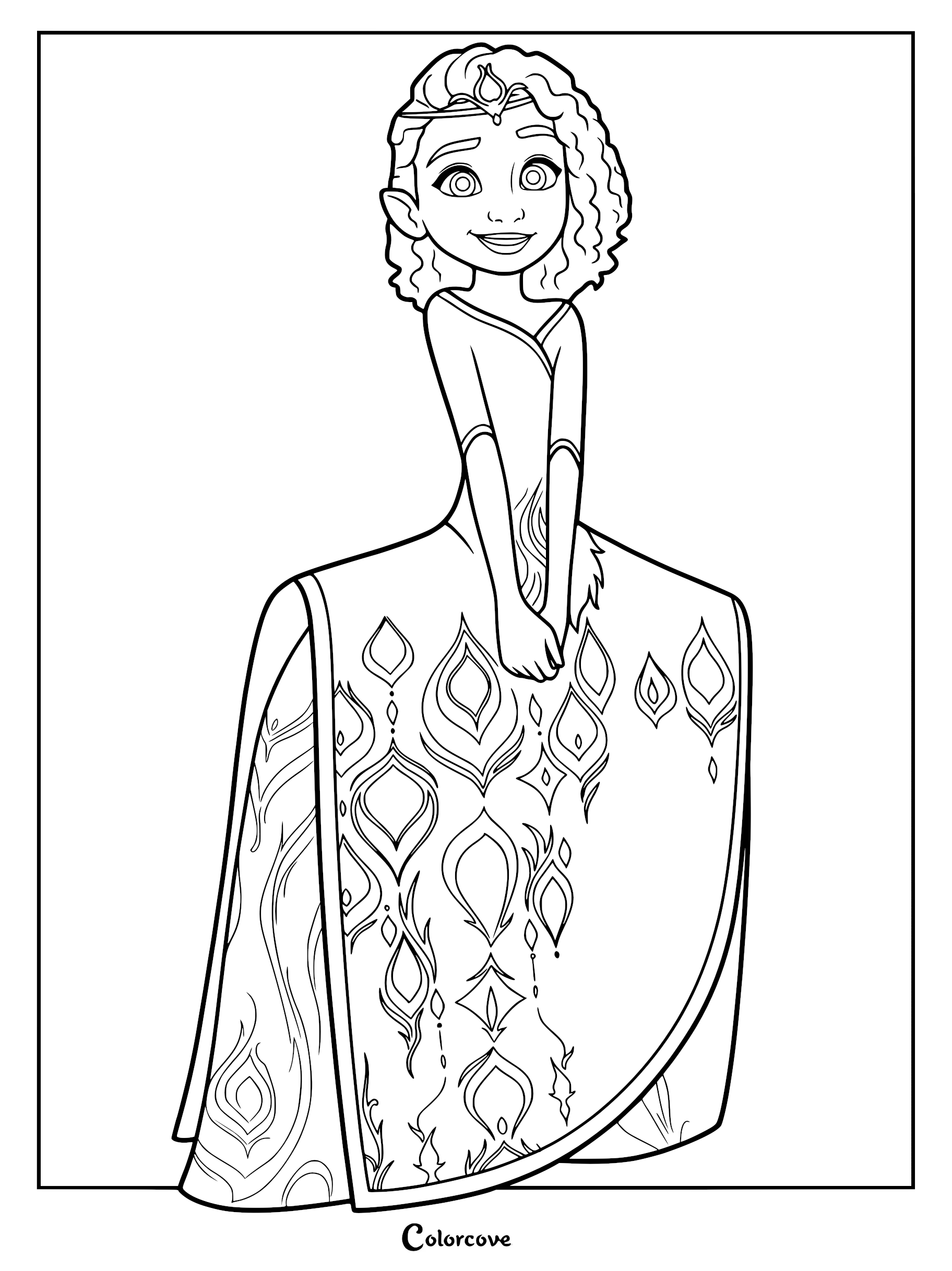 Princess Ellian from Spellbound wearing a detailed gown with teardrop patterns in this printable coloring page.