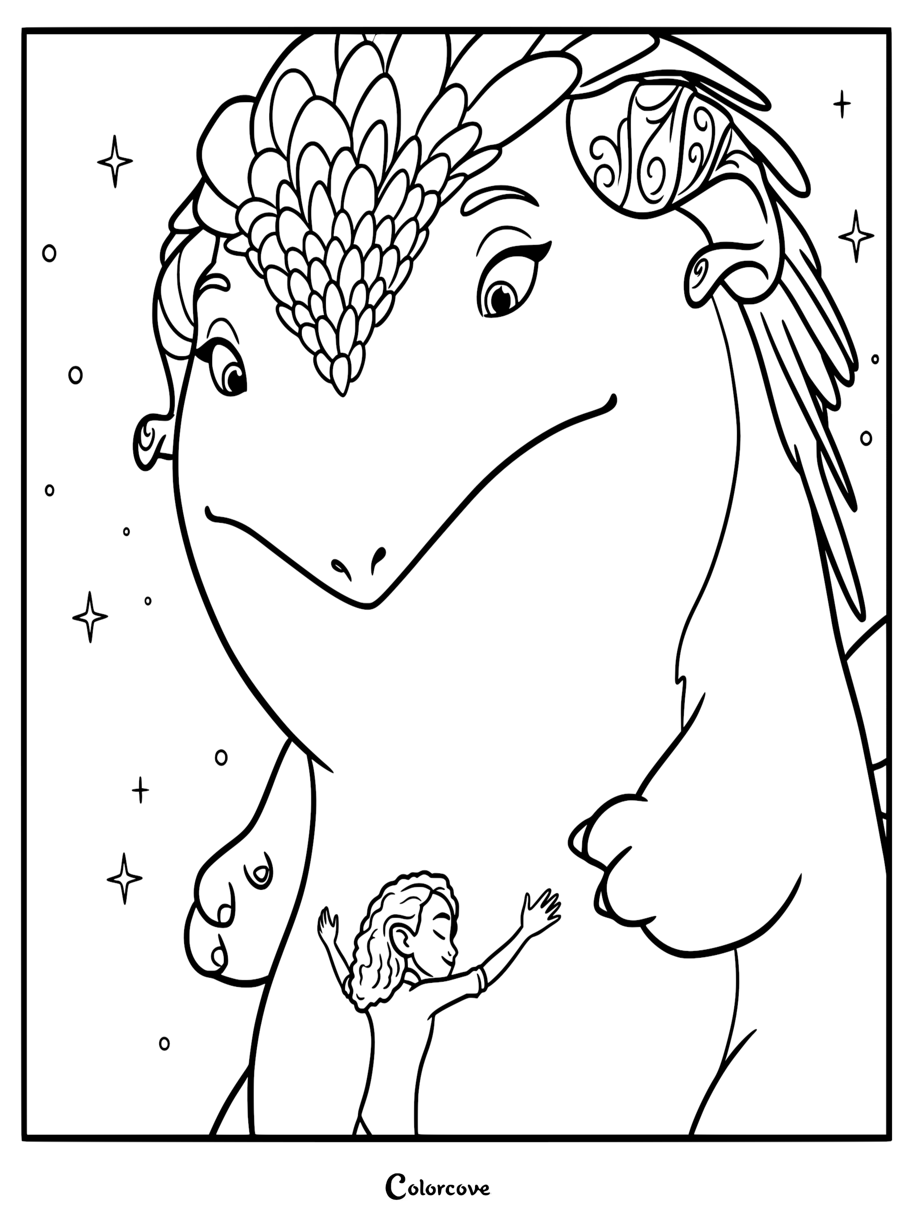 Princess Ellian hugging the monstrous form of Queen Ellsmere in this Spellbound Netflix coloring page featuring magical stars.