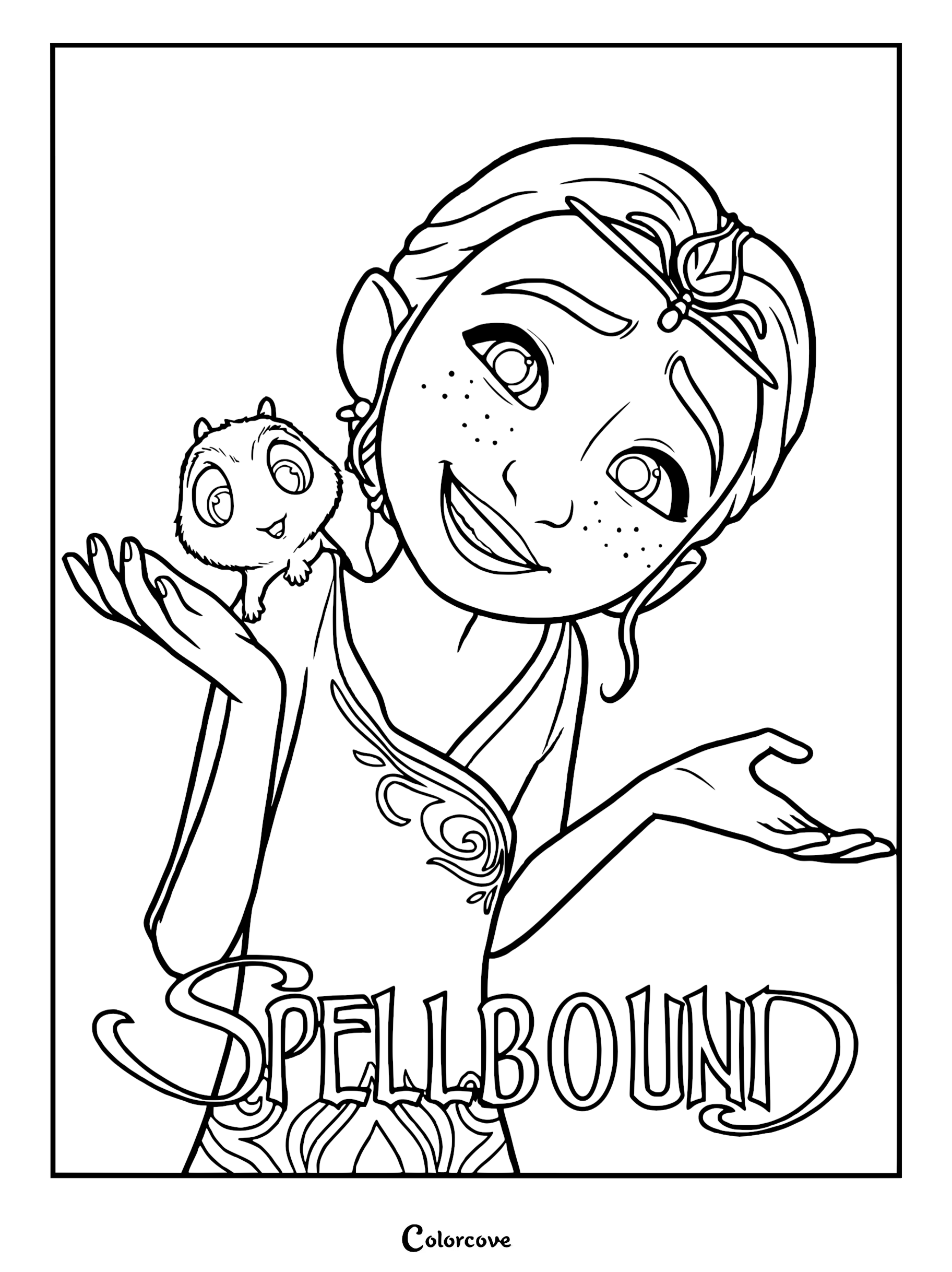 Princess Ellian with her companion Flink perched on her shoulder in this Spellbound coloring page featuring detailed line art.