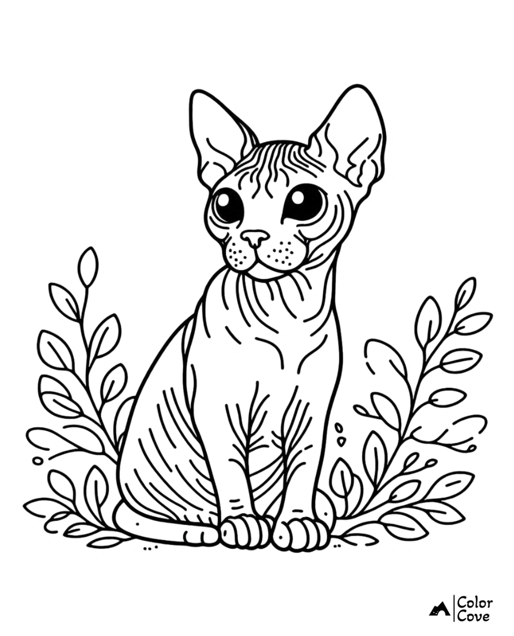 Sphynx cat coloring page with detailed leaves background, perfect for kids and adults to color and enjoy.