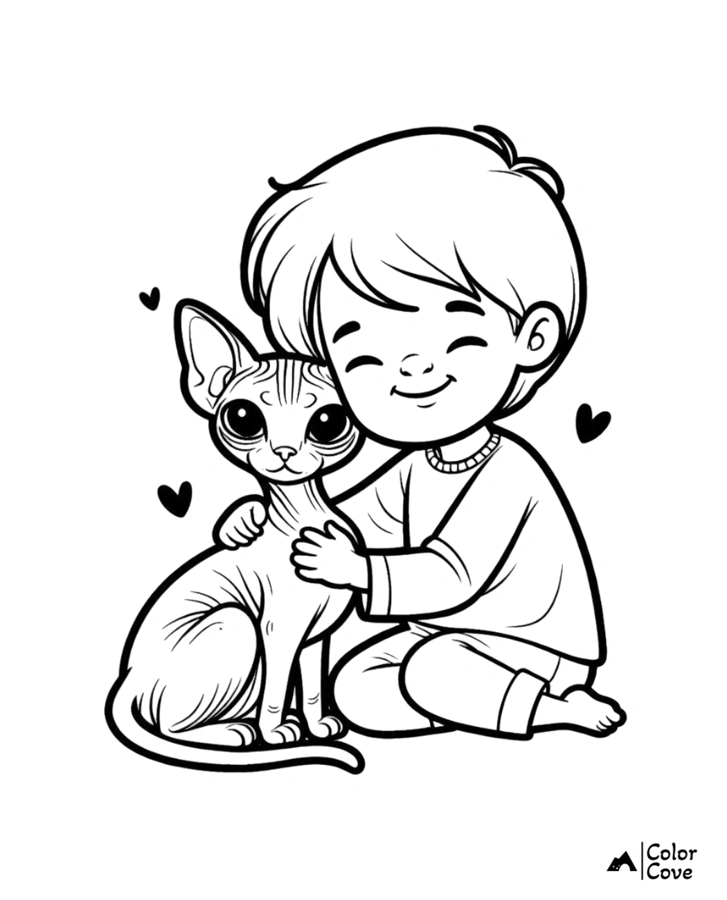 Coloring page of a smiling child hugging a Sphynx cat with hearts in the background. Ideal for kids' activities.