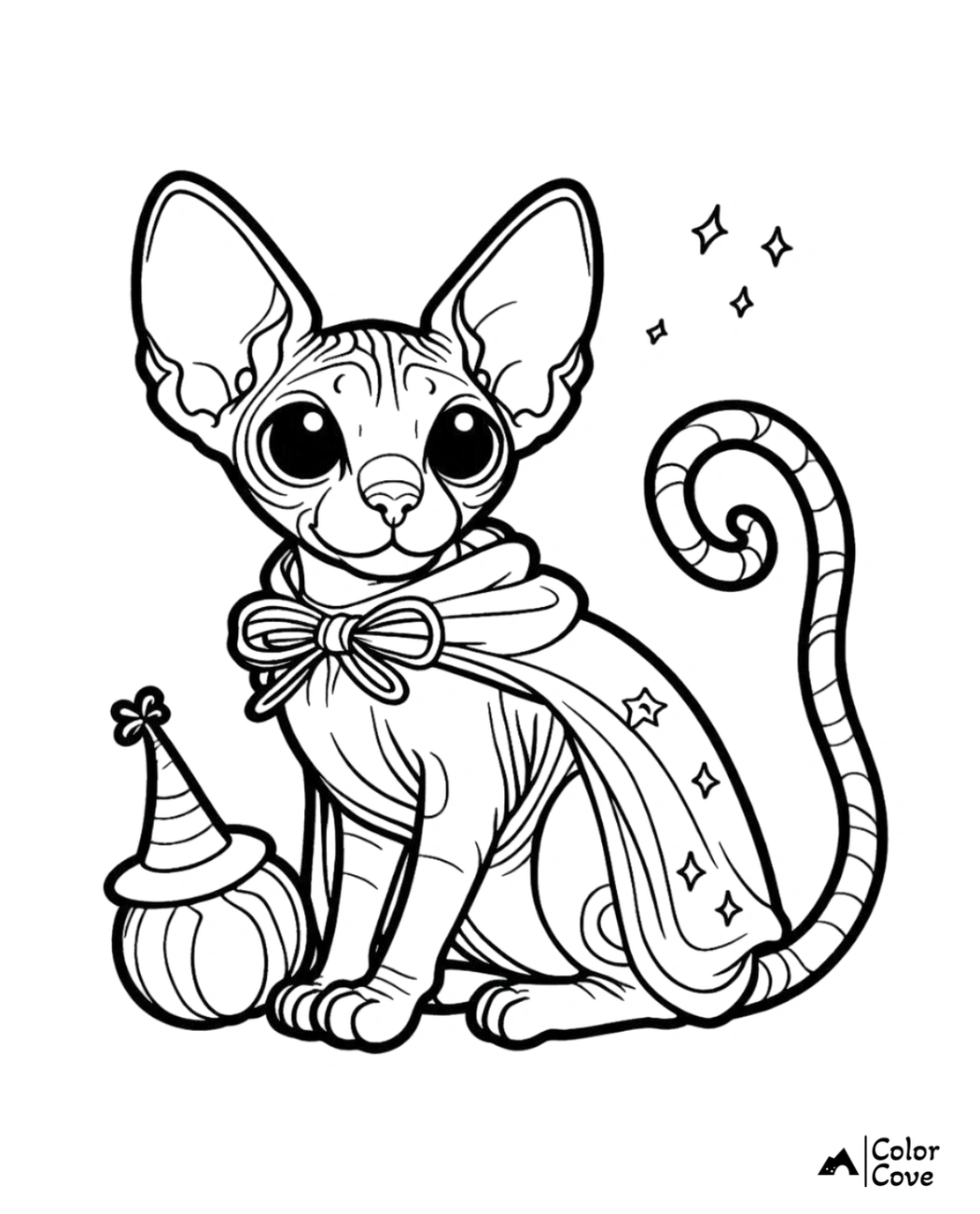 Adorable sphynx cat coloring page with stars and wizard costume, perfect for kids and cat lovers to color and enjoy.