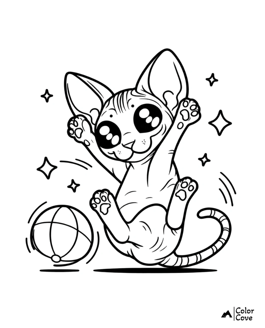 Cute cartoon cat playing with a ball coloring page. Fun and playful design for kids to color and enjoy.