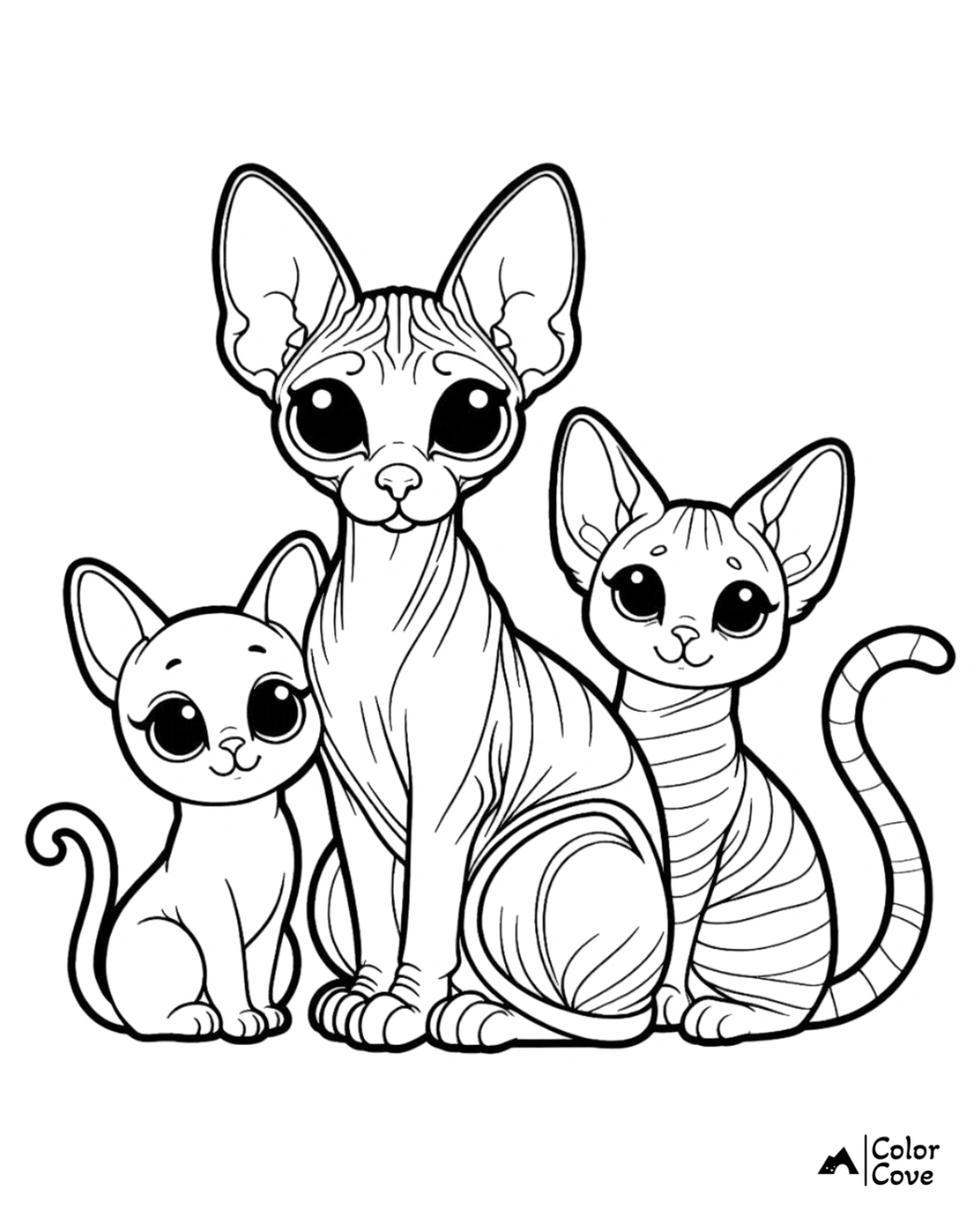 Coloring page featuring three adorable cats with large eyes and distinct markings, perfect for kids and cat lovers.