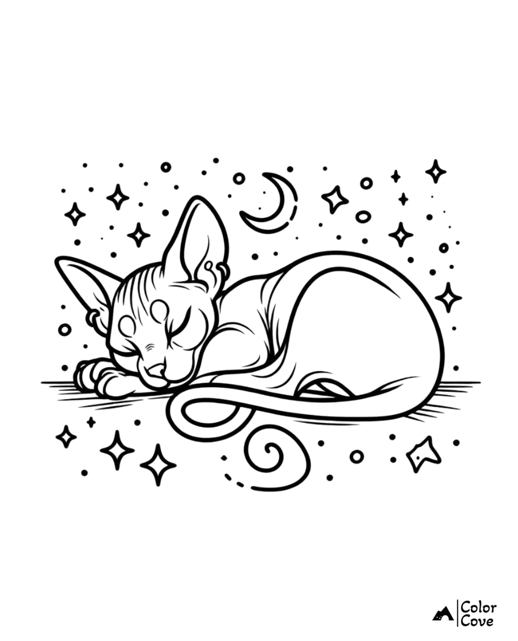 Coloring page of a sleeping Sphynx cat with stars and a crescent moon in the background for relaxation and creativity.