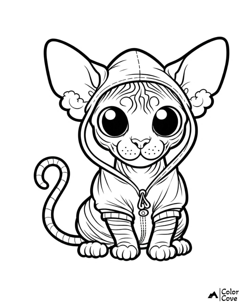 Coloring page of an adorable cat with big eyes wearing a hoodie, perfect for kids and cat lovers.