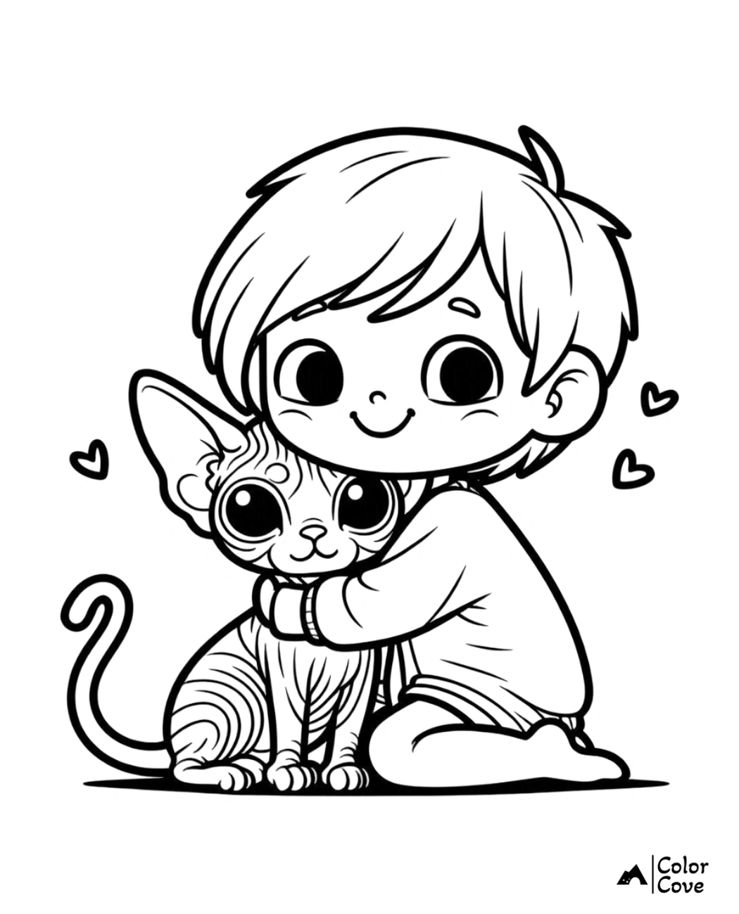 Child hugging a cat coloring page, featuring adorable cartoon characters with hearts, perfect for kids' coloring activities.