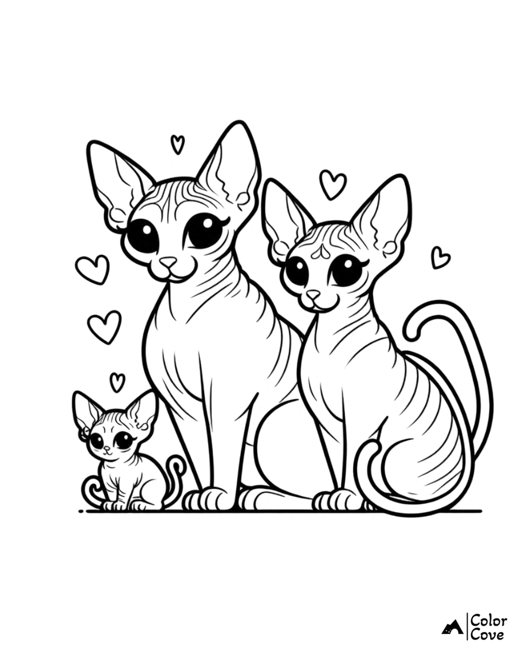 Coloring page of a sphynx cat family with hearts, perfect for kids and cat lovers to enjoy and color. Printable illustration.